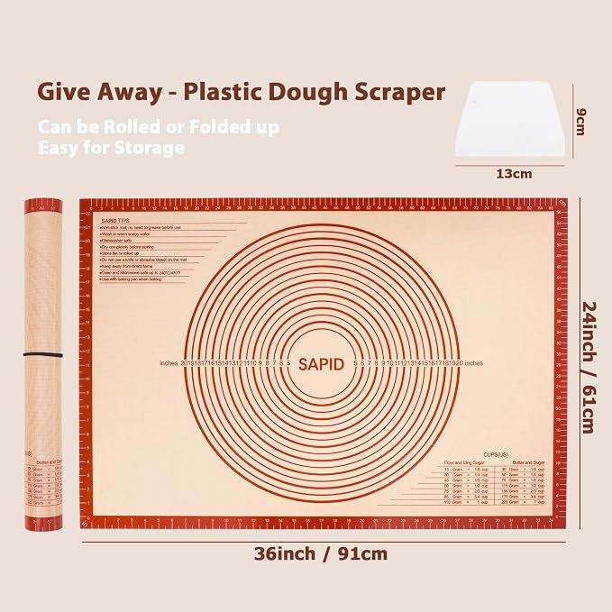Sapid Extra Thick Silicone Pastry Mat Non-slip with Measurements for Non-stick Silicone Baking Mat Extra Large, Dough Rolling, Pie Crust, Kneading Mats, Countertop, Placement Mats (24" x 36", Red)