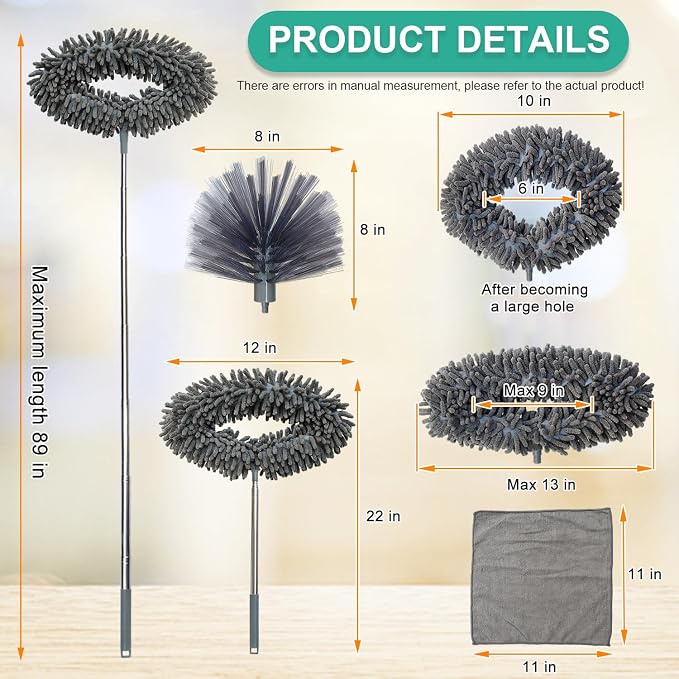 Ceiling Fan Cleaner Duster, Cobweb Duster with Extension Pole, Washable and Reusable Microfiber Duster Set for Cleaning Ceiling Fan, High Ceilings, Walls, Bookshelves, Window Door Top, Cobwebs (Gray)