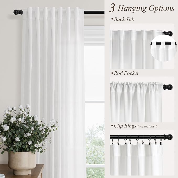Hokibero White Linen Curtains 96 Inches Long for Living Room 2 Panels | Light Filtering Semi Sheer Curtain, Back Tab Rod Pocket Pleated Look, White Window Drapes for Bedroom Privacy, Boho Farmhouse