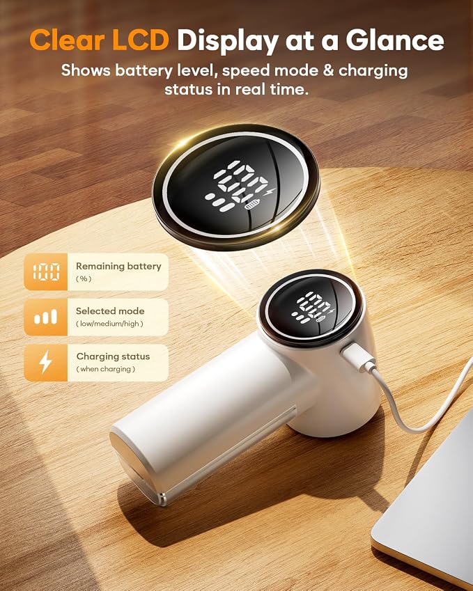 Fabric Shaver, Lint Remover Rechargeable,6-Blade Lint Remover | LCD Display & 3 Speeds, Portable for Clothes, Sweaters, Couches, Blankets, Includes 3 Replacement Blades, Pearl white
