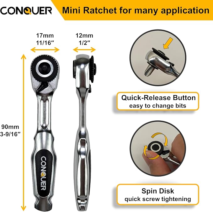 CONQUER 22pc Mini Ratchet Screwdriver Set, 1/4" Right Angle Phillips Kit | 72-tooth gear, 5° swing, 48 ft-lbs torque, Cr-V/S2 steel, spin disk, quick-release bits, EVA tray, EDC tight-space tool