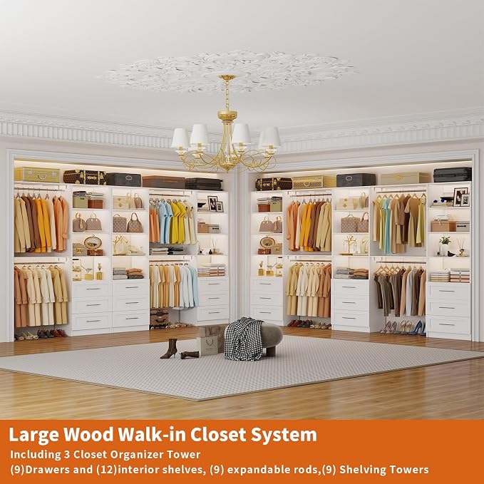 Closet System with 9 Drawers, 9-17FT Custom Closet Organizer System Wood with 9 Hanging Rods & Adjustable Shelves, Walk in Closet Organizer Shelving System, Modular Closet Systems Kits, 3 Sets, White