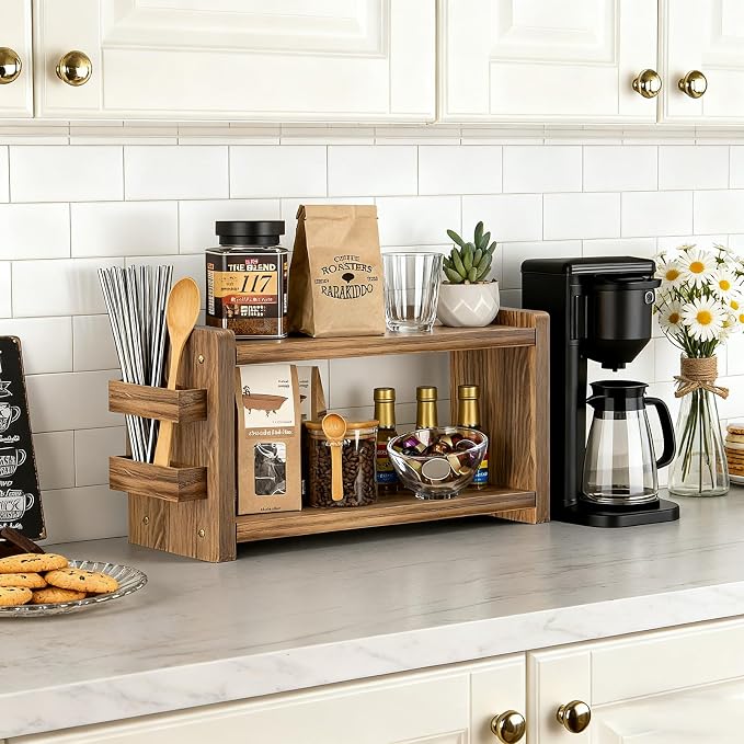 2 Tier Solid Wood Coffee and Matcha Station Organizer Farmhouse | with Straw Holder for Matcha, Pods, Sugar, Tea, Cups, Stirrers, Mugs Storage Countertop