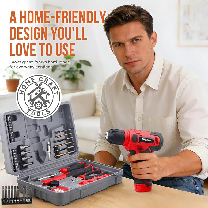 Hi-Spec 8V Cordless Drill Set and Starter Tool Kit for Home Projects, Red | Rechargeable USB, Repairs and Maintenance, DIY, faster holes and screwdriving, light-duty projects, home setup help