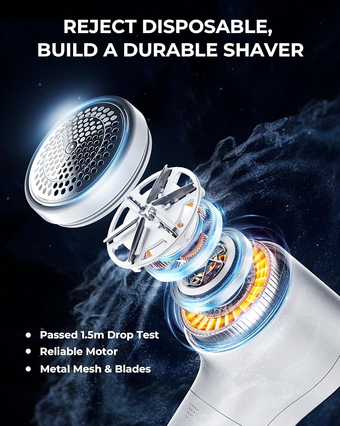FrSara Fabric Shaver, Rechargeable Lint Remover, 3-Speed Electic Lint Shaver, 6-Blade Sweater Shavers to Remove Pilling, Battery Powered with LED Display for Furniture,Clothes, Upholstery, White