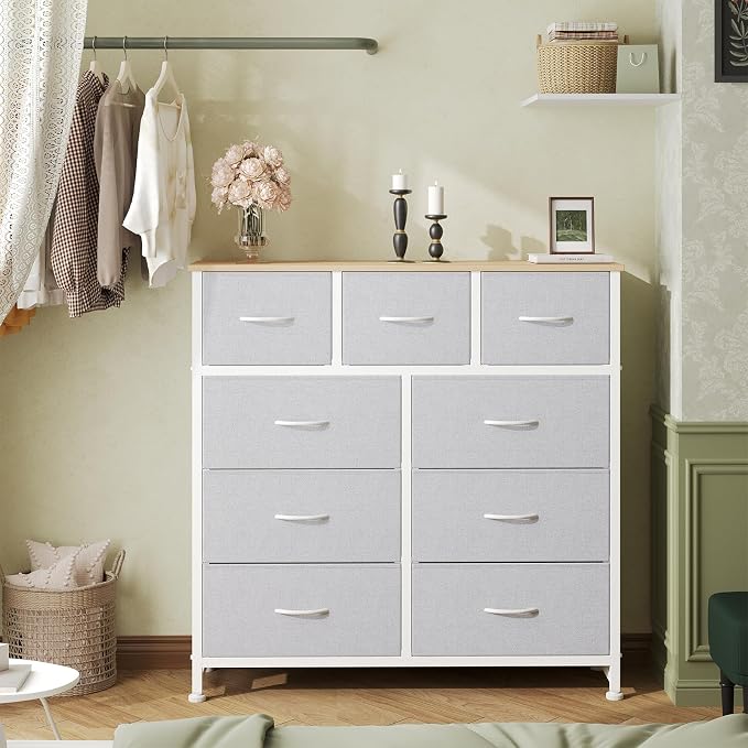 OLIXIS 9 Drawer Tall Dresser for Bedroom, Closet Organizers and Storage | Fabric Dresser with Wooden Top, Chest of Drawers for Clothes Storage, Tower Cabinet, Furniture, TV Stand, Light Grey