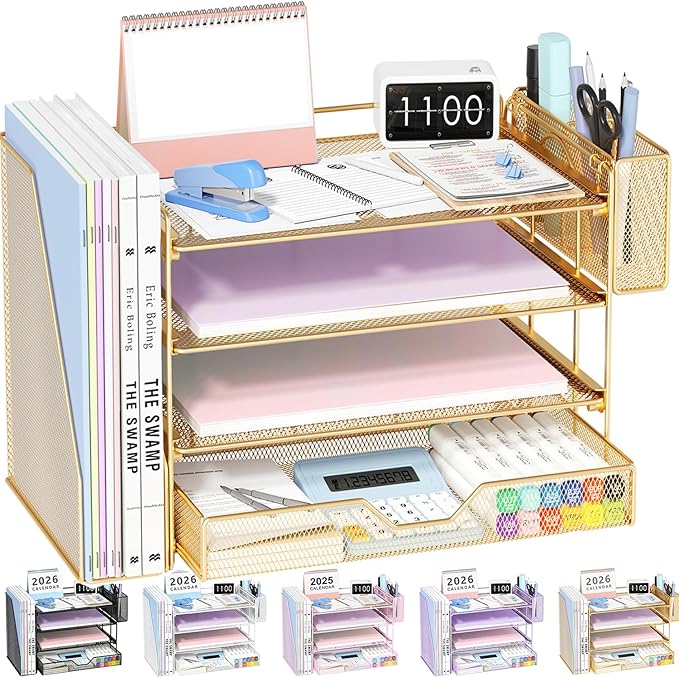 OPNICE Desk Organizer, 4-Tier Desktop File Organizer with Drawer and Pen Holders, Office Desk Accessories, File Sorters, Workspace Organizers for Office Supplies(Gold - Metal Pen Holder)