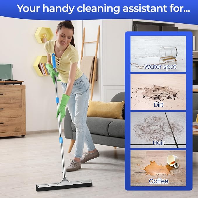 Aodaer Squeegee for Floor Scrubber with Extendable Telescopic Pole Handle | with 2 Pairs Extra Replacement EVA Blades Clip Heavy Duty Household Rubber Broom for Garage, Courtyard, Pool, Tile Bathroom