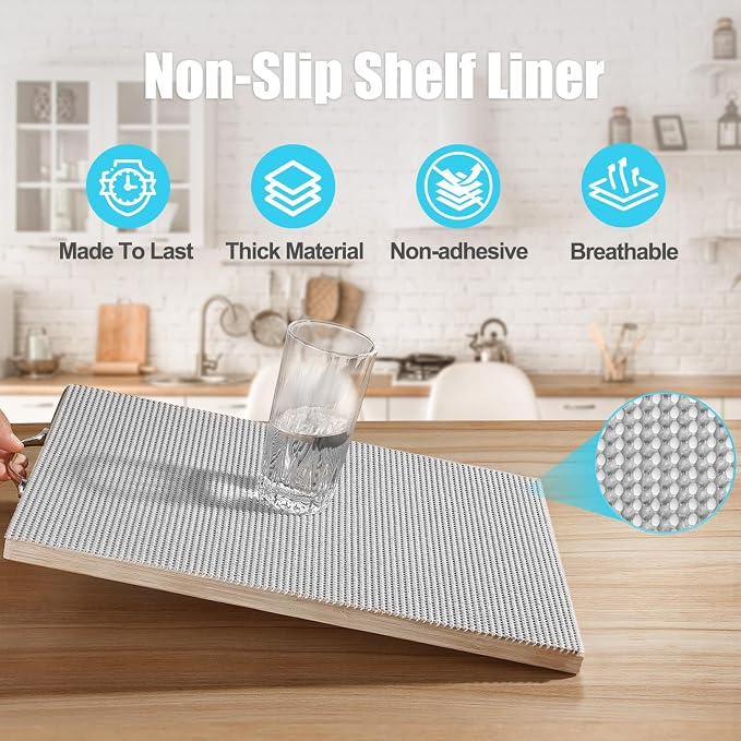 Songrey Non-Slip Shelf Cabinet and Drawer Liner, 12IN x 20FT, Light Gray | No Adhesive Residue, Strong Grip, Thick PVC Mat, for Kitchen Shelves, Bathroom Drawers, Home Essentials, Snip to Fit
