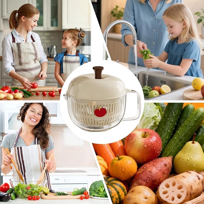 Salad Spinner, Hand Cranked Fruit Washing Spinner with Handle, Multifunctional Fruit and Vegetable Washing Bowl with Drain Basket, Reusable Salad Dehydrator Drainer for Home Kitchen
