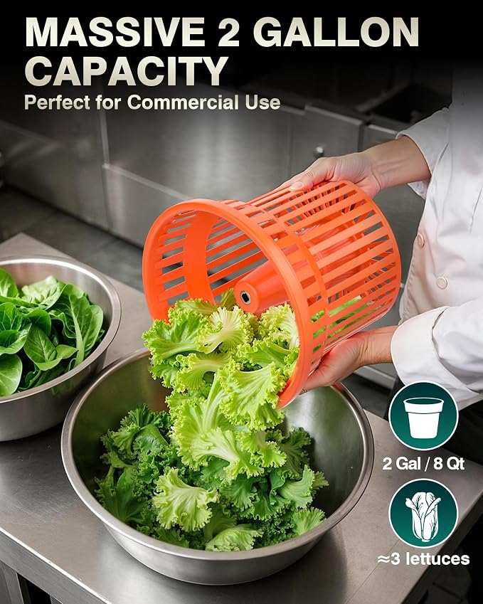 WantJoin Commercial Salad Spinner - [2 Gallon Salad Dryer] w/Silicone [Anti-slip Mat] & [Draining Hose], 10Qt Manual Salad Spinner for 3 Heads of Lettuce Spinner Large for Catering, Orange