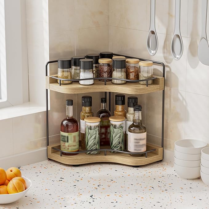 2-Tier Corner Bathroom Counter Organizer, Larger Size | Embedded Screw Holes, Sturdy & Stable, Holds More Bottles, Vanity shelf for Makeup & Skincare, Light Walnut