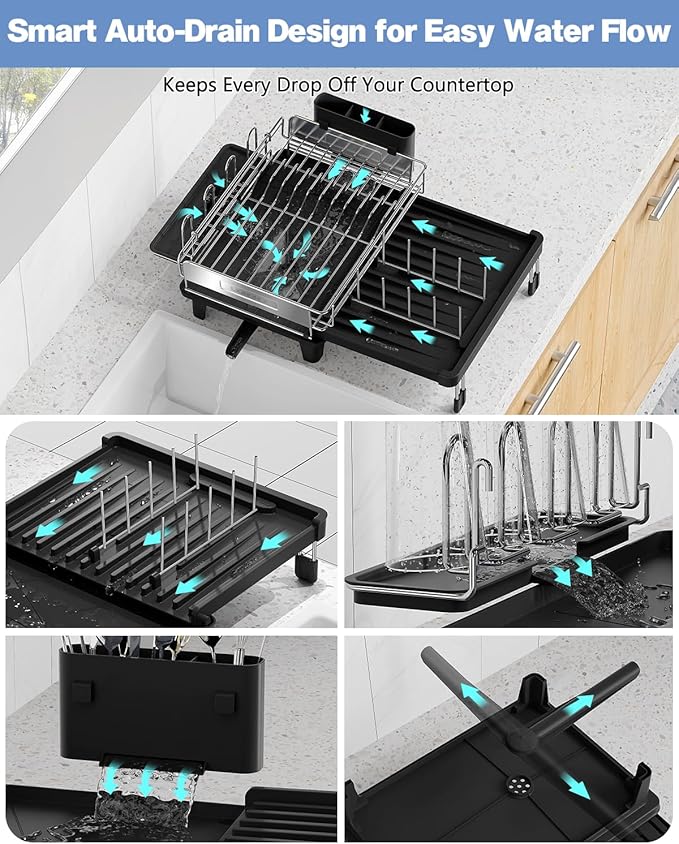 Expandable Dish Drying Rack for Kitchen Counter, 304 Stainless Steel, Flip-Top Retractable Plate, Multi-Directional Adjustable, Space-Saving Large Drying Rack, Black