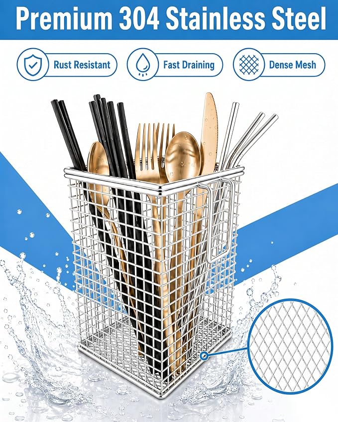 Chopstick Holder, 304 Stainless Steel Dishwasher Chopstick Basket with Hooks, Straw & Silverware Drying Rack for Organizing Knife, Fork, Spoons and Small Kitchen Tools (Silver)