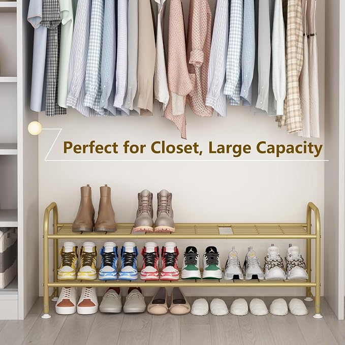 LINZINAR 2 Tier Long Shoe Rack for Closet Metal Shoe Organizer for Entryway | Spacious design stores 15+ pairs of shoes,durable metal frame,space-saving organizer for closet, hallway, and Entryway Gold