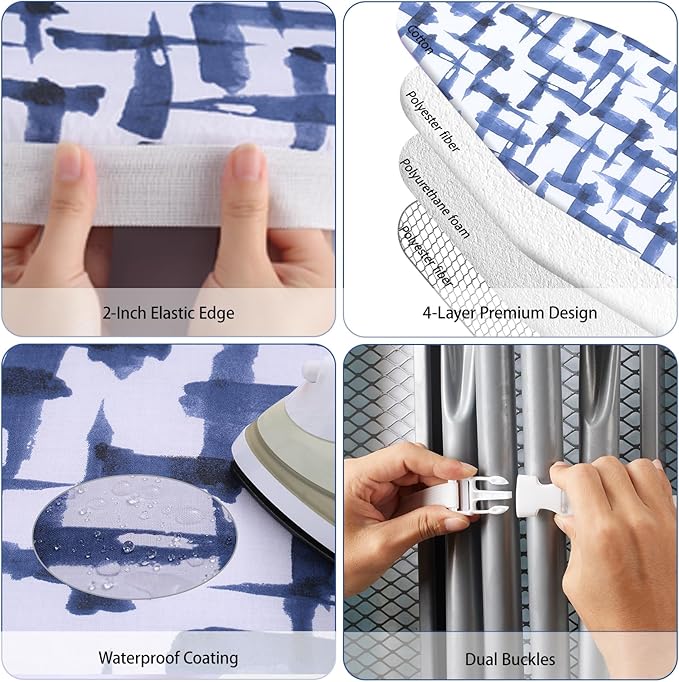Ironing Board Cover and pad - 15 x 54 Thick Padding 4 Layers with 2" Elastic, Stain Resistant & Durable Scorch, 2 Buckles for Easy Installation in Laundry Room, Blue Brushstrokes (NO Board)