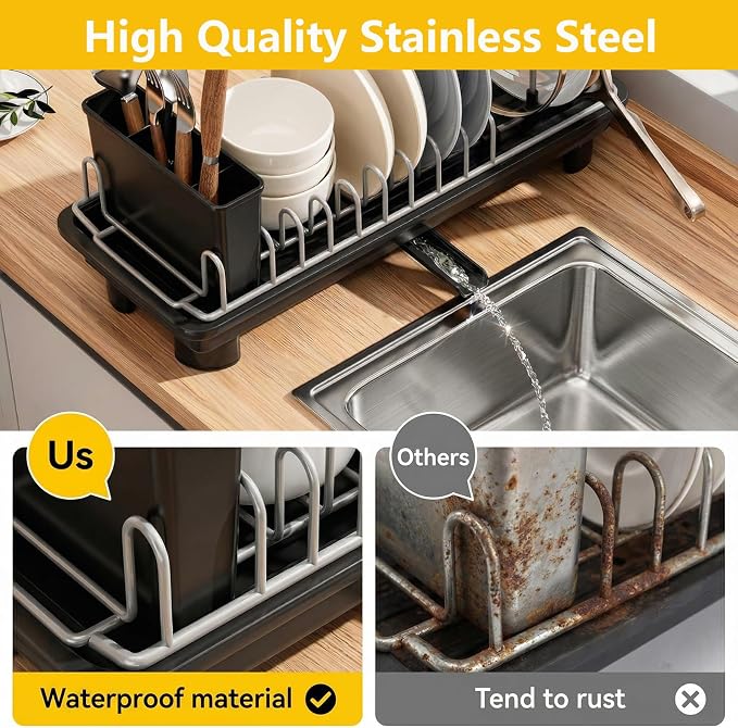 Small Dish Drying Rack,Compact Dish Rack for Kitchen Counter with 360° Rotating Drain Spout and Utensil Holder,Stainless Steel Countertop Dish Drainer for Sink,Space-Saving Design for Small Kitchen