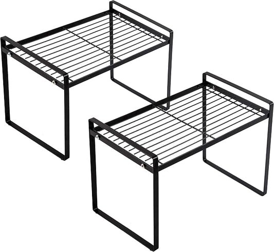 Shantton 2pk Kitchen Cabinet Shelf Counter Organizer Rack Pantry Storage Bathroom Bedroom Office Table Desk Space Saving Steel Frame Stackable Rust Resistant Non Slip Black-Tall-L13in W8.3in H9.5in