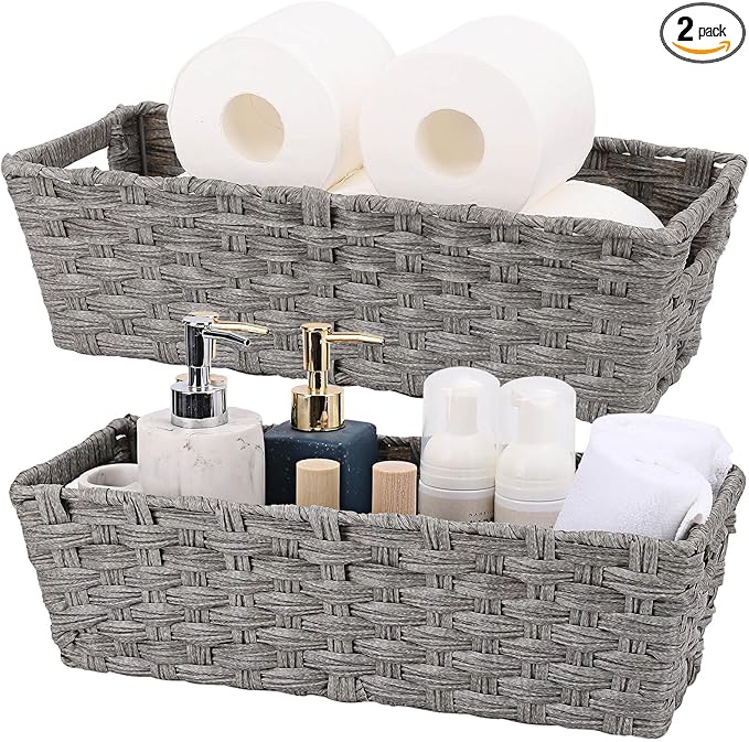 Wicker Storage Baskets for Bathroom, Toilet Tank, Decor - Woven Grey Baskets, 15¾" x 6¾" x 4¾", 2-Pack
