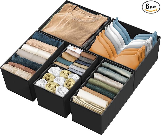 Simple Houseware Underwear Drawer Organizer, Set of 6, Black | for Lingerie/Undergarment/Bra/Panty/Sock/Onesie
