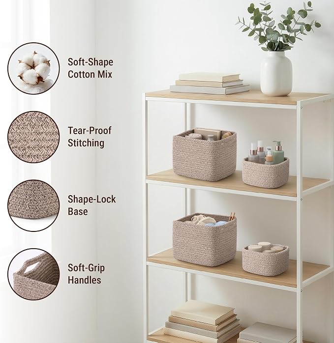 5-Pack Storage Cubes Woven Rope Baskets - 2 Sizes Organizer Bins for Closet, Shelf, Bookshelf, Nursery, Changing Table, Cube Storage Bins, Storage Baskets for Bathroom Toy & Home