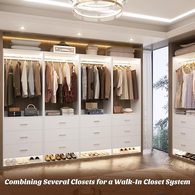 Aheaplus 2FT Closet System with 3 Drawers, 24’’ Closet Organizer, Wood Closet Organizer System, Walk-in Closet or Small Closets Wardrobe, Clothes Rack with Hanging Rods,-E6, White