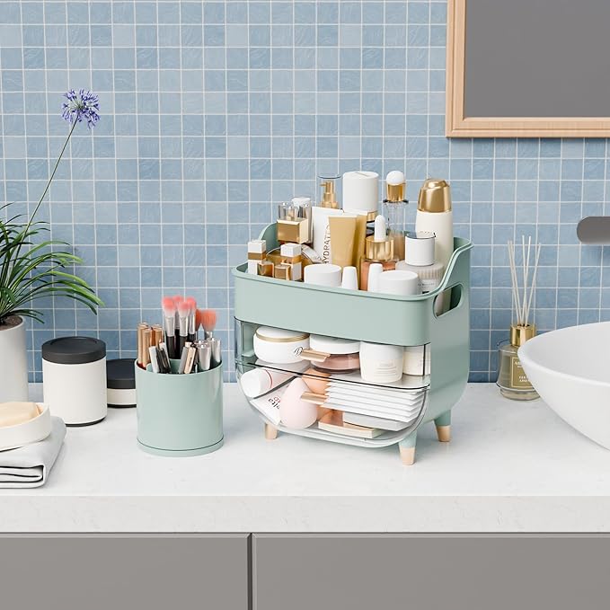 Yieach Countertop Makeup Organizers with Drawers and Handle,Large Cosmetic Organizer for Bathroom Vanity and Dressing,Green Cosmetic Display Cases for Hair Tool,Beauty Products,Skin Care Organizer