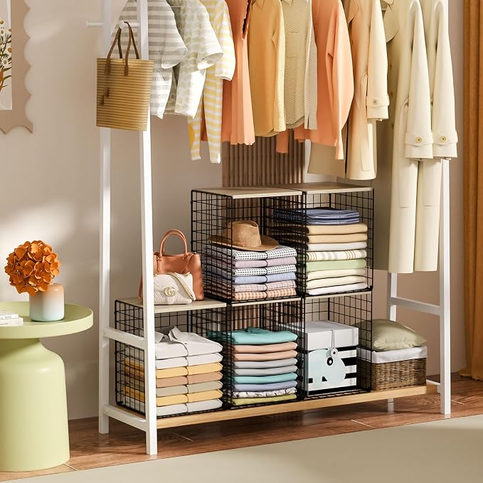 3-Pack Taller Closet Organizers and Storage with Wood Top, Stackable Wire Storage Bins for Clothes, Bags, Towels, Double Storage Design, Sturdy Metal Cube Shelf Organizer for Closet Wardrobe, Black