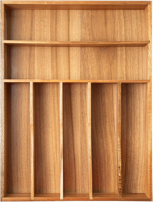 Besilord Silverware Organizer Kitchen Drawer Organizer Utensil Organizer Acacia Silverware Holder Cutlery Organizer in Drawer Flatware Organizer Tray(7 slots, Acacia