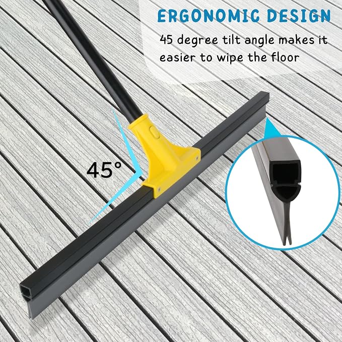 Floor Squeegee for Concrete and Tile Cleaning, 24'' Rubber Wiper Broom, Large Heavy Duty Water Scraper with 60'' Long Handle for Garage, Deck, Bathroom, Shower Glass, Window