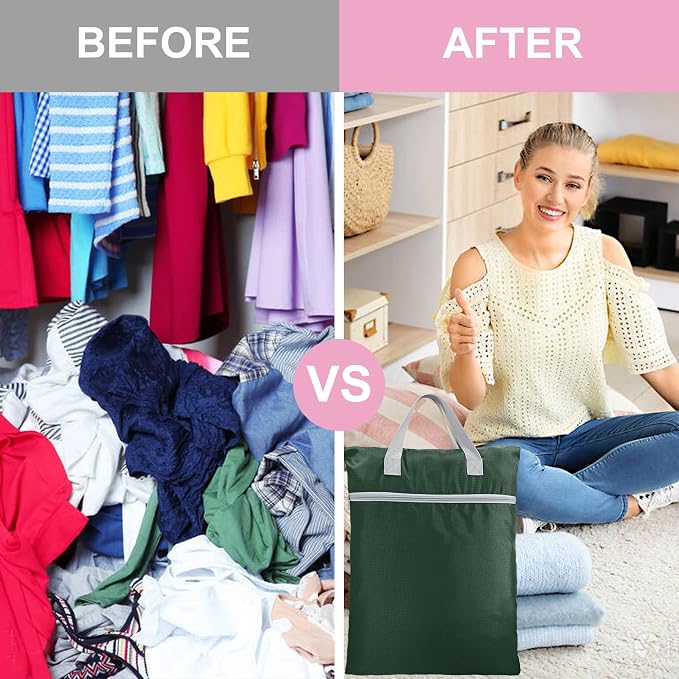 BeeGreen Dark Green Travel Laundry Bag with Srap & Zipper Pockets Hanging Laundry Hamper Heavy Duty Collapsible for Dirty Clothes College Dorm Gym Beach Pool Swimsuit