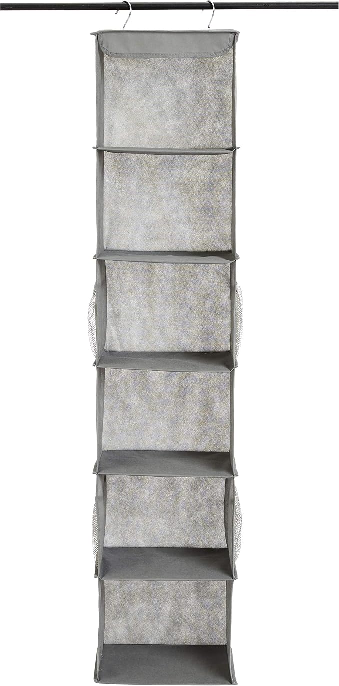 Amazon Basics 6-Tier Hanging Closet Shelf Organizer with Pockets, Clothes Storage for Sweaters and Clothing, 12" W x 9" L x 8.5" H, Grey | Organizer