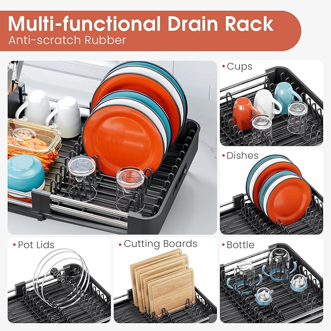 TOOLF Dish Drying Rack Expandable Drainer w/Cutlery & Cup Holder, Black | Stainless Steel &PP, Extenable 12.6" to 18.7"D, Anti-Rust, Auto-Drainage, Space-Saving, Fit for Various Sink Countertops
