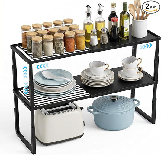 2 Packs Expandable Cabinet Shelf Organizer, Stackable Kitchen Countertop Storage Shelves, Heavy Duty Adjustable Pantry Organizer Rack for Cabinet, Cupboard, Under Sink & Spice Storage