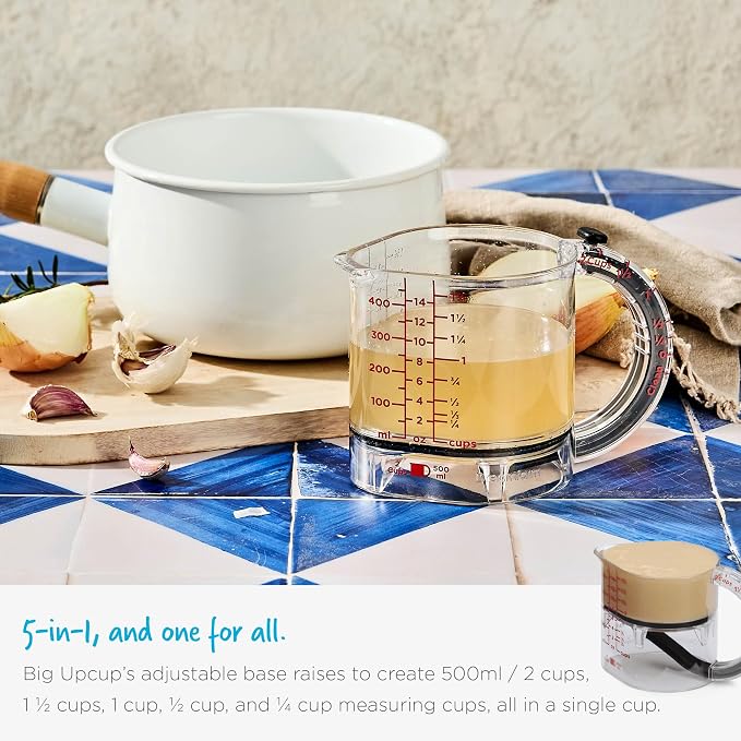 Dreamfarm Big Upcup All-in-1 Adjustable Measuring Cup - 2 Cup | Measures dry and liquid ingredients and scrapes itself clean, easy-to-read metric and imperial measurements, microwave safe
