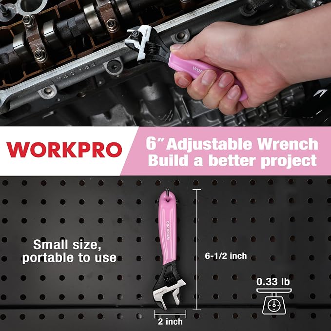 WORKPRO 6-Inch Pink Adjustable Wrench, Wide Jaw Cr-V steel Wrench | Black Oxide Finish, Metric & SAE Scales,Ideal for Home Repairs, Garage, Workshop and DIY Applications-Pink Ribbon