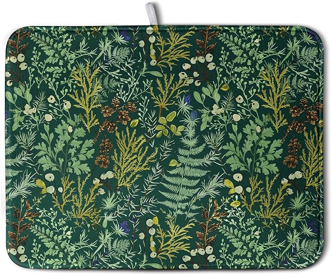 Dark Green Plant Dish Drying Mat for Kitchen Counter Vintage Botanical Floral Leaf Dishes Drying Mat Absorbent Microfiber Dish Draining Pad Washable Large Dish Drainer Rack Mats 18x24 Inch