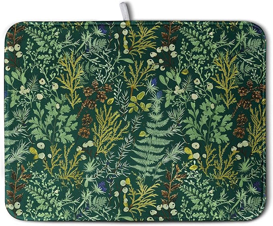 Dark Green Plant Dish Drying Mat for Kitchen Counter Vintage Botanical Floral Leaf Dishes Drying Mat Absorbent Microfiber Dish Draining Pad Washable Large Dish Drainer Rack Mats 18x24 Inch