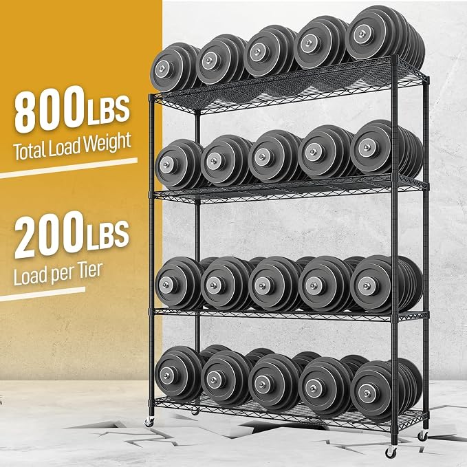 Karl home Black 4-Tier Wire Storage Shelving with 2" Wheels, 800LBS | Heavy Duty 800LBS Capacity Metal Shelving Rack on Rolling Wheels, 64.96"H x 46.06"W x 17.7"D for Garage, Kitchen