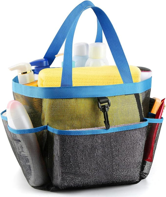 LOYEE Mesh Shower Caddy Portable for College Dorm Room Essentials with 8 Pockets, Shower Bag for Beach, Swimming, Gym, Travel, Bathroom(Blue)