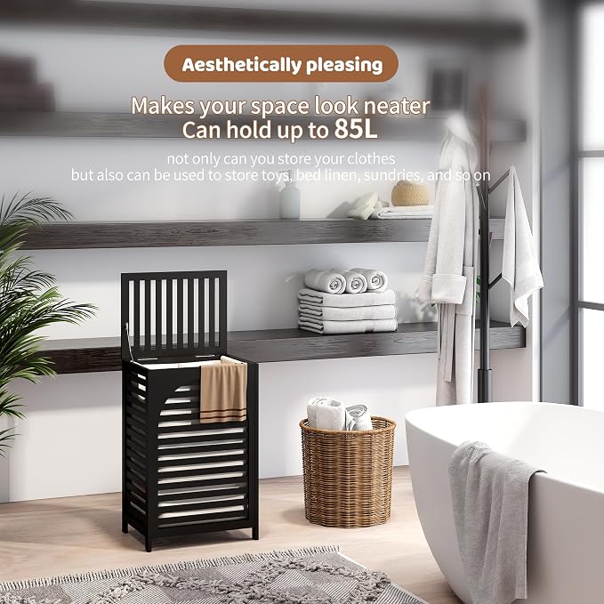 Laundry Hamper with Lid (16.9 * 13 * 26.5inches) Large Bamboo Laundry Bin Basket 85L Clothes Hamper with 1 Removable Bag Storage baskets for Bathroom(Black)