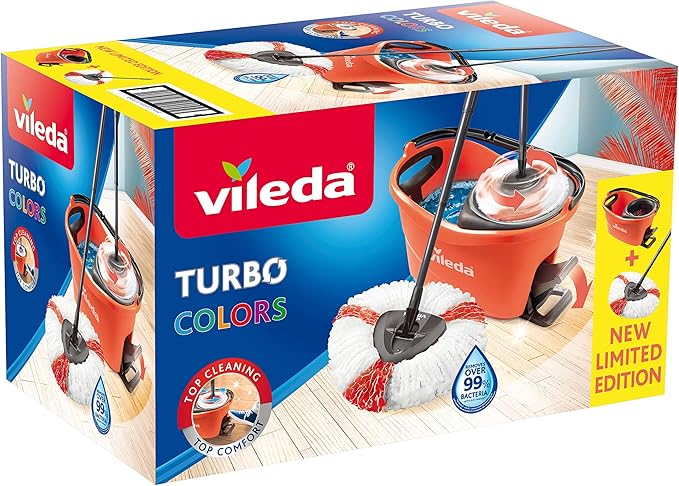 Vileda Turbo EasyWring & Clean Complete Set, Mop and Bucket with Power Spinner, Coral