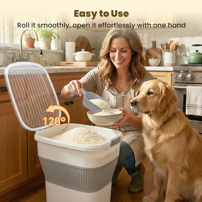 HOYTAMDAR 50Lbs Rice Container,Collapsible Food Storage Containers with Airtight Clear Lid,Wheels,Rice Storage Container with Small Bin and Scoop,Rice Dispenser for Flour Sugar Cereal Grain Dog Cat