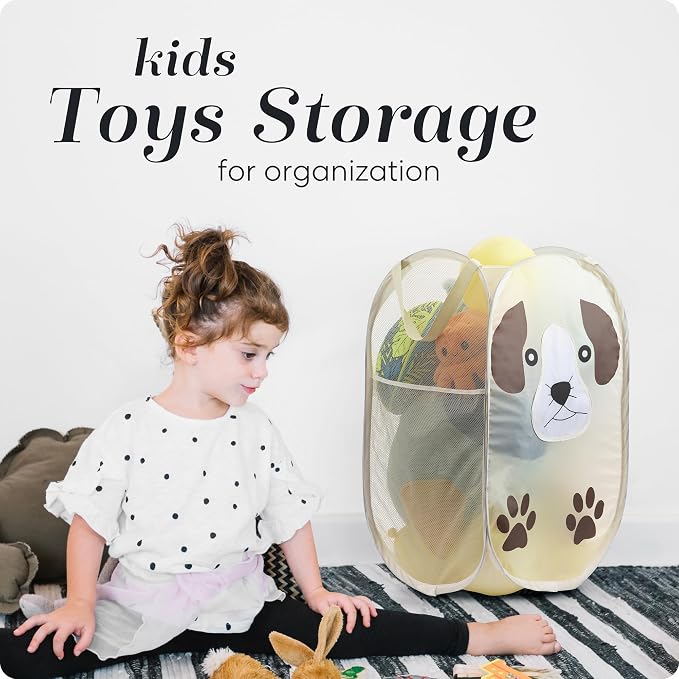 Pop Up Laundry Hamper, Cute Puppy 71L Collapsible Mesh Basket with Handles | Breathable Foldable Clothes Basket, Reinforced Handles, Side Pocket - for Dorm, Travel, Kids Room, Bedroom - Handy Laundry