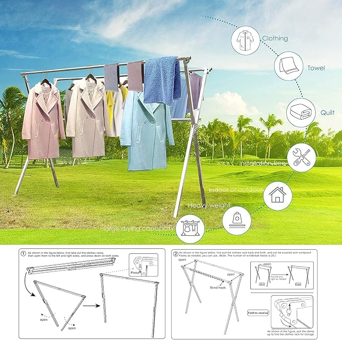 AZK Clothes Drying Rack Extendable Laundry Drying Rack with 20 Hooks | Stainless steel Sturdy Lightweight Frame Foldable Portable Design for Indoor and Outdoor Sun Drying of Garments 79.55In