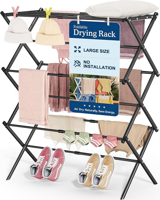 APEXCHASER Oversize 3-Tier Clothes Drying Rack, No Install, Black | Expandable Design, Non-slip feet, Tool-free Setup, Rust Prevention, Sturdy Construction, 14.9" D x 29.3" W, Holds 24lbs