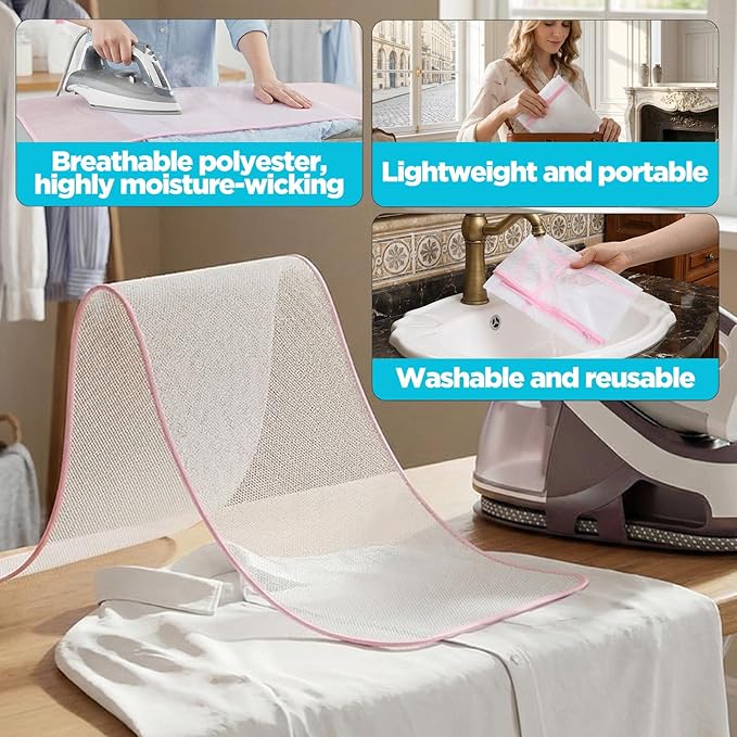 Oruola 2 Pcs Press Cloth – Ironing Cloth to Protect Clothes, Clothes Scorch-Saving Iron Protector Insulation Pad, Polyester Mesh Iron Pressing Mat for Easy Irons Sewing (Pink)
