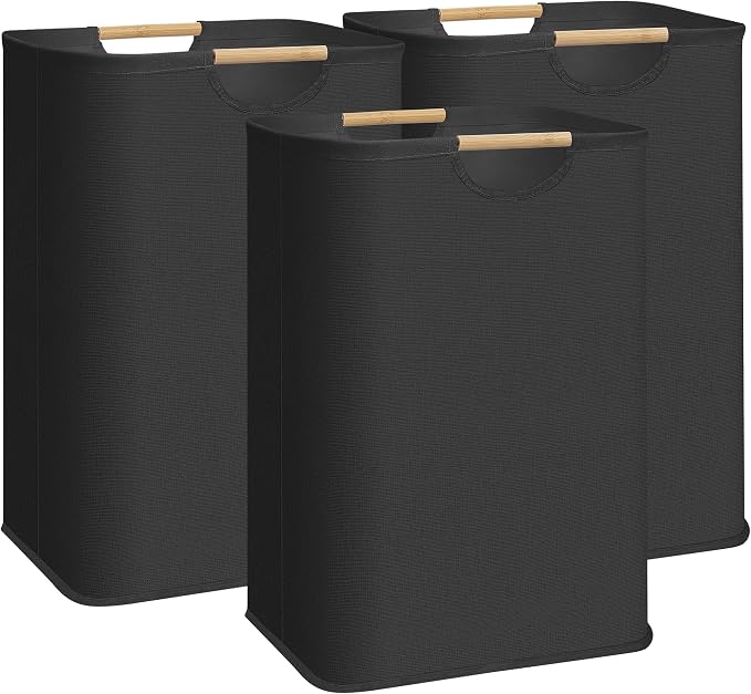 STORAGE MANIAC 3-Pack Large Laundry Hamper, 80L (21.1 Gal) Collapsible Laundry Basket with Bamboo Handles, Freestanding Waterproof Clothes Hamper for Laundry Room, Bedroom, Dorm, Towels, Black