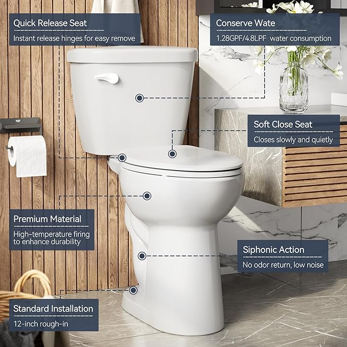 Two Piece Toilet with ADA Height, Elongated Ceramic Bowl and Locking PP Lid - Side Push Handle, CUPC Certified, Water Efficient 1.28 GPF, Modern Design