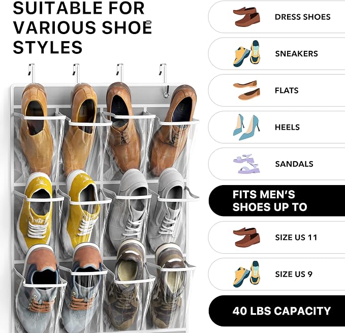 Simple Houseware 24 Pockets Large Clear Over the Door Shoe Organizer, Gray | 56" x 22.5", 4 Durable Metal Hooks, 5" x 9" Pocket Size, Multipurpose